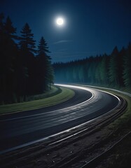 Naklejka premium Nighttime Race Track Winding Through a Forest Under a Full Moon
