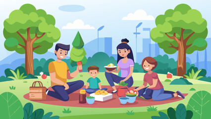 family picnic in the park flat design vector