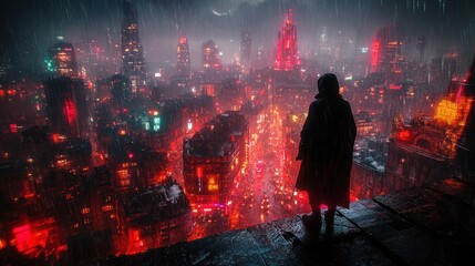 Cyberpunk Samurai on Rainy Night in Futuristic Cityscape with Neon Lights and Dramatic Silhouette