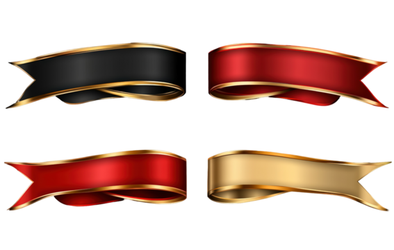Isolated Set of Four Elegant Ribbons: Black, Gold, and Two Shades of Red with Golden Edges