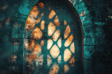 A stone archway casts an intricate, golden light pattern on a weathered teal wall, hinting at a hidden window.