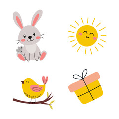 Cute cartoon characters featuring a rabbit, bird, sun, and gift box in a playful design