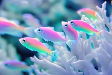 Fototapeta premium Vibrant pink and blue fish swim gracefully amidst a serene coral reef.