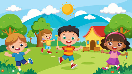 Cartoon children playing outdoors illustration, sunny day, smiling kids, diverse group, playful poses
