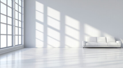 Fototapeta premium bright, minimalistic interior featuring white sofa against large windows casting shadows