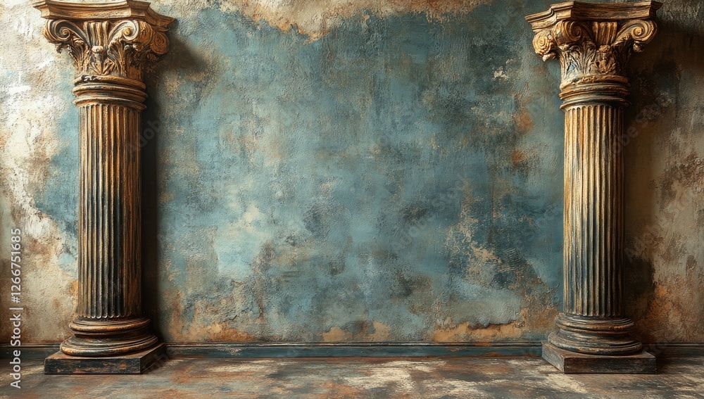Poster two aged antique columns flank a teal and rust colored textured wall. the columns are weathered and 