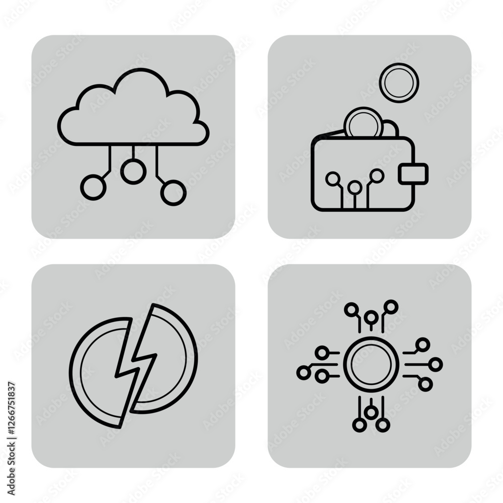 Poster set of four line icons representing finance and technology. cloud symbol, wallet with circuit patter