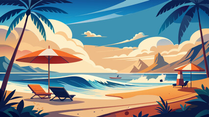 Obraz premium beach vacation scene with sun umbrella and waves