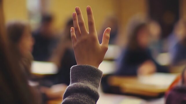 Student raising hand in classroom during lesson asking a question
