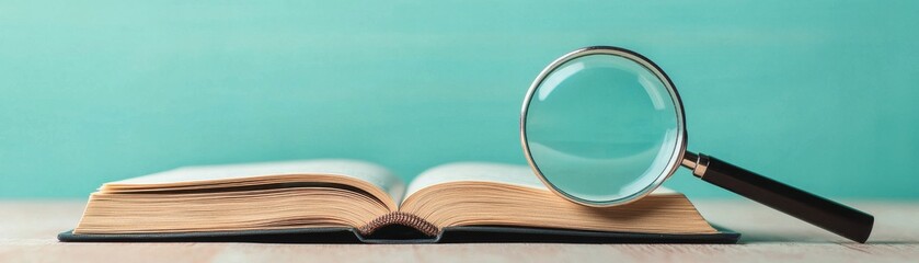 Open book with magnifying glass on a teal background, focusing on knowledge and discovery in literature