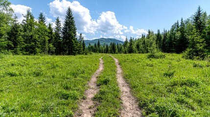Mountain meadow path, summer day, forest background; nature travel