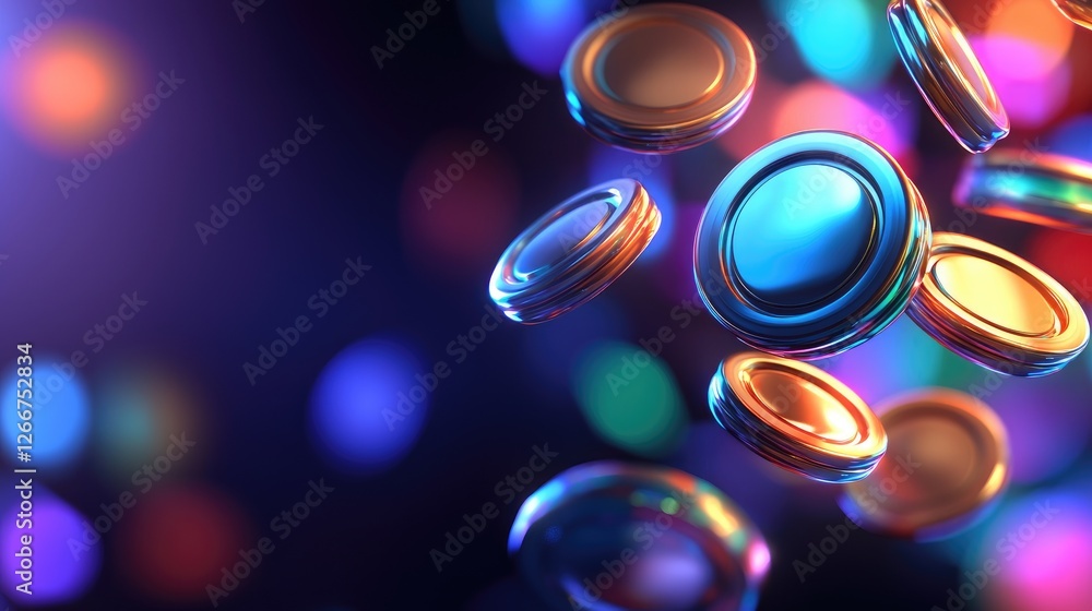 Poster illuminated buttons floating in colorful bokeh background abstract art digital imagery vibrant envir