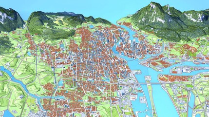 Detailed city map of a European port city with surrounding mountains and landscape