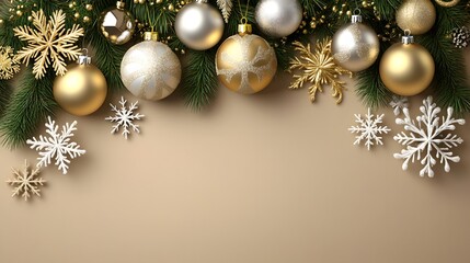 Fototapeta premium Elegant Arrangements of Christmas Ornaments and Snowflakes on a Beige Background