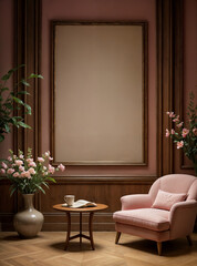 This picture is a cozy corner with a pink armchair, a small wooden table with a glass and a vase of pink flowers.	
