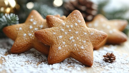 Star-shaped gingerbread cookies, dusted with powdered sugar, rest on a wooden surface. Perfect for holiday baking, recipes, or festive food blogs.