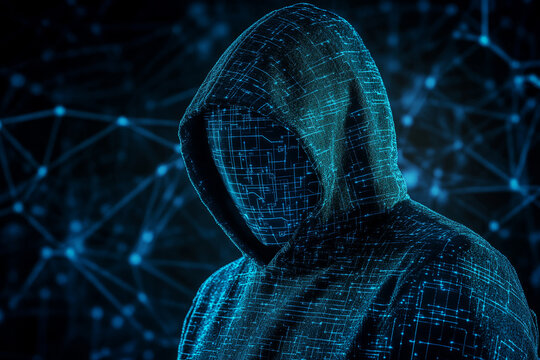 Futuristic digital figure in a hooded cloak with glowing cyber patterns, symbolizing cybersecurity, hacking, and artificial intelligence in a high-tech world.