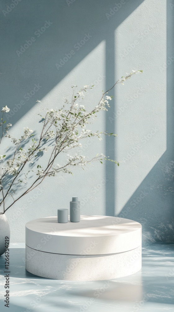 Poster 3d render of an abstract, minimal blue background with an empty round podium scene for product prese