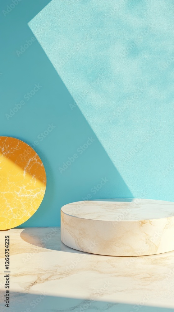 Poster 3d render of an abstract, minimal blue background with an empty round podium scene for product prese