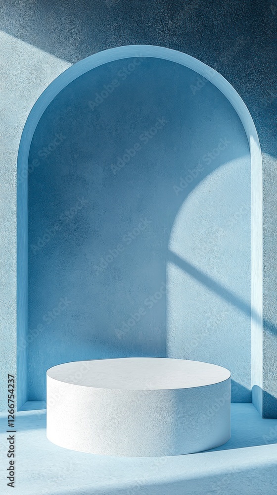 Poster 3d render of an abstract, minimal blue background with an empty round podium scene for product prese