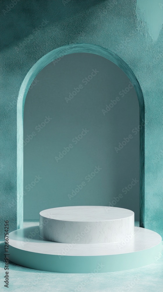Poster 3d render of an abstract, minimal blue background with an empty round podium scene for product prese