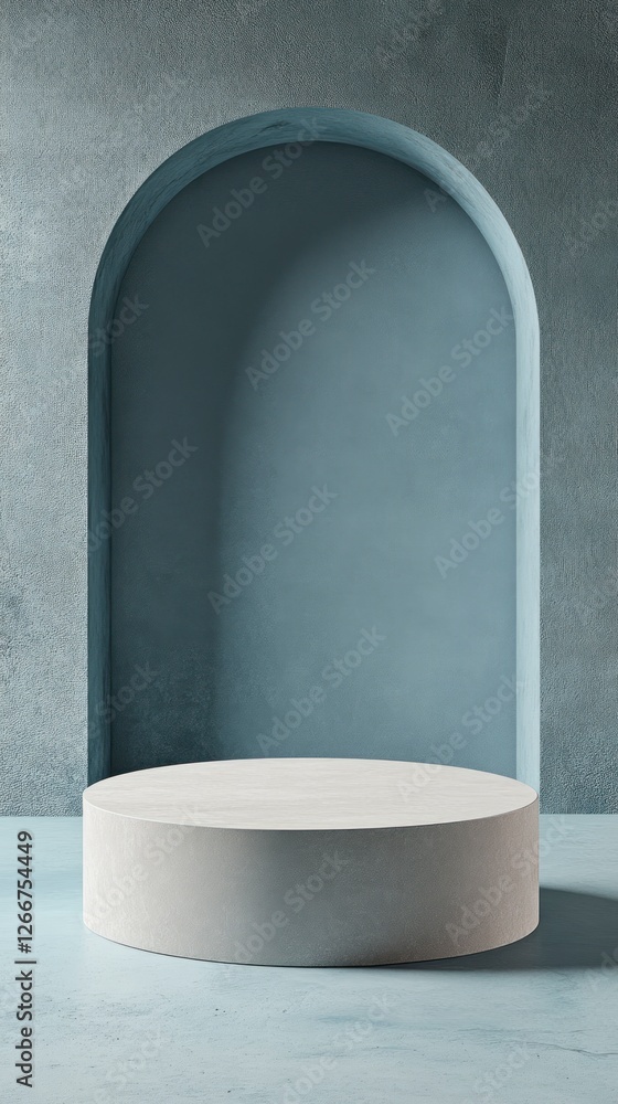 Poster 3d render of an abstract, minimal blue background with an empty round podium scene for product prese