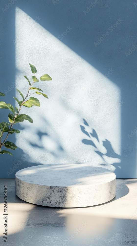 Poster 3d render of an abstract, minimal blue background with an empty round podium scene for product prese