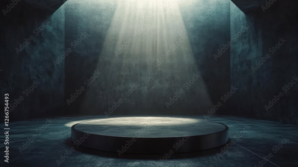 Poster circular podium in the center of an empty room, illuminated by soft light from above. the background