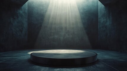 circular podium in the center of an empty room, illuminated by soft light from above. The background is a dark gray with subtle reflections on the surface.
