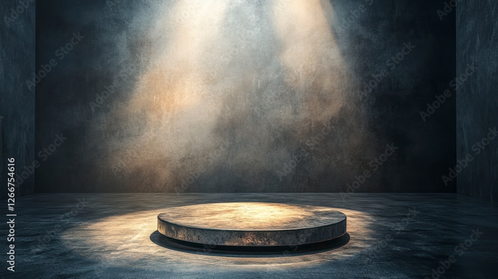 Poster circular podium in the center of an empty room, illuminated by soft light from above. the background