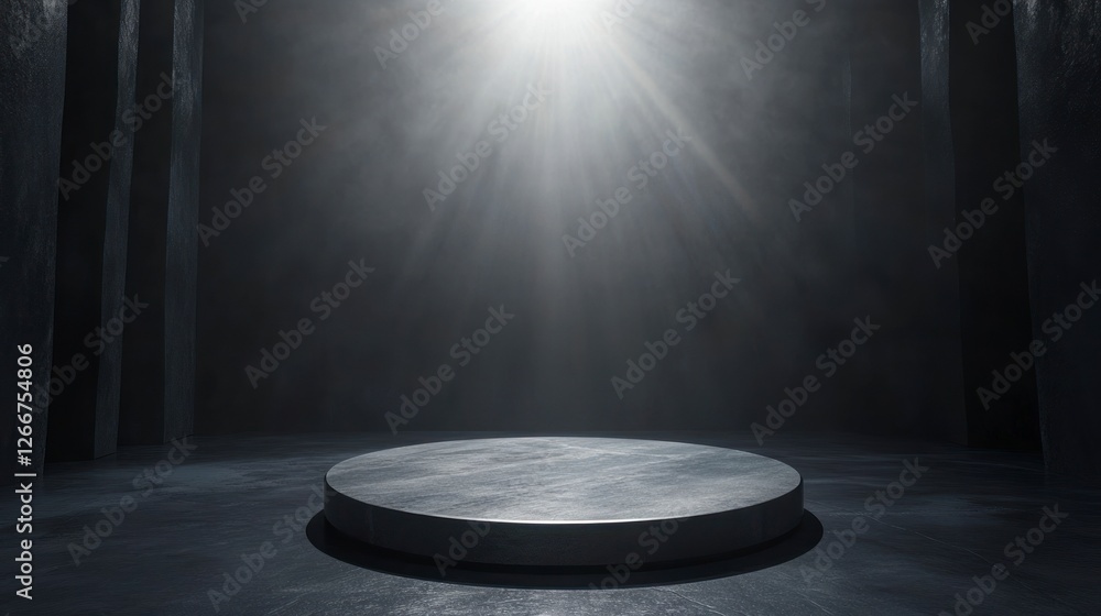Poster circular podium in the center of an empty room, illuminated by soft light from above. the background