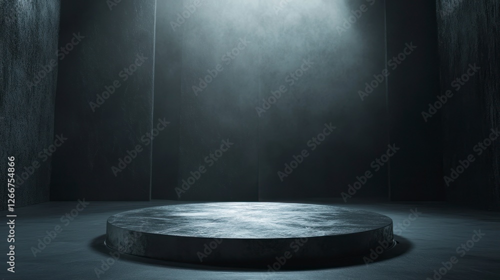 Poster circular podium in the center of an empty room, illuminated by soft light from above. the background