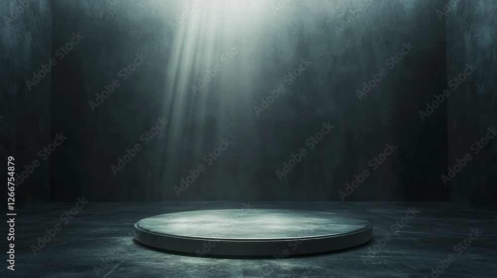 Poster circular podium in the center of an empty room, illuminated by soft light from above. the background
