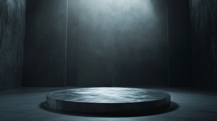 circular podium in the center of an empty room, illuminated by soft light from above. The background is a dark gray with subtle reflections on the surface.
