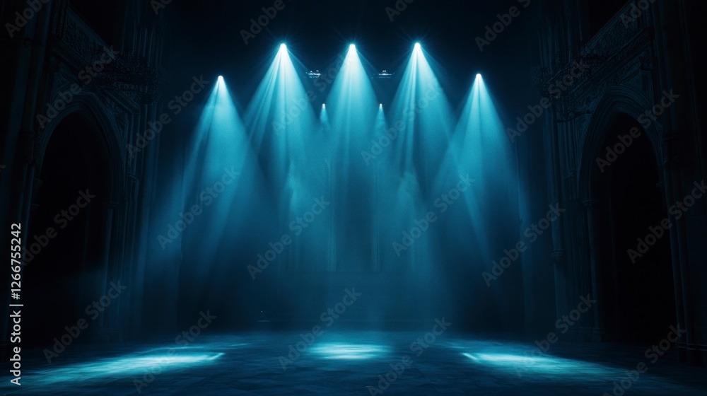 Poster stage with spotlights shining down, creating an atmosphere of mystery and intrigue. the dark backgro
