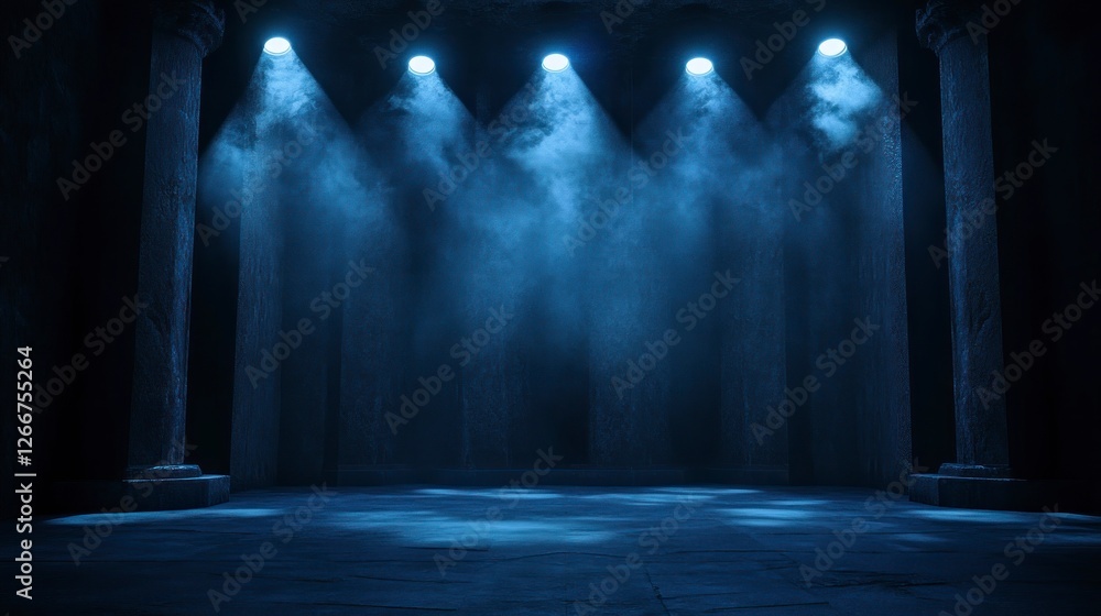 Poster stage with spotlights shining down, creating an atmosphere of mystery and intrigue. the dark backgro