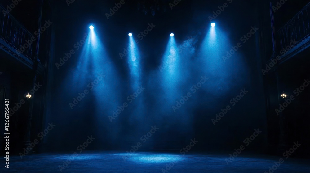 Poster stage with spotlights shining down, creating an atmosphere of mystery and intrigue. the dark backgro