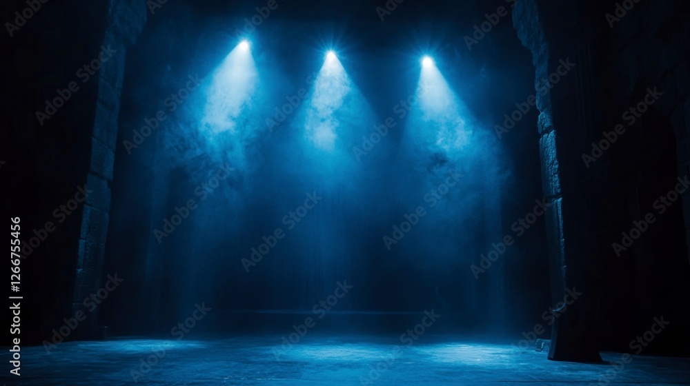 Poster stage with spotlights shining down, creating an atmosphere of mystery and intrigue. the dark backgro