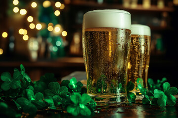 St. Patrick's Day. Two glasses of cold light beer with foam and green clover leaves on the bar counter. Irish pub, party, celebration.