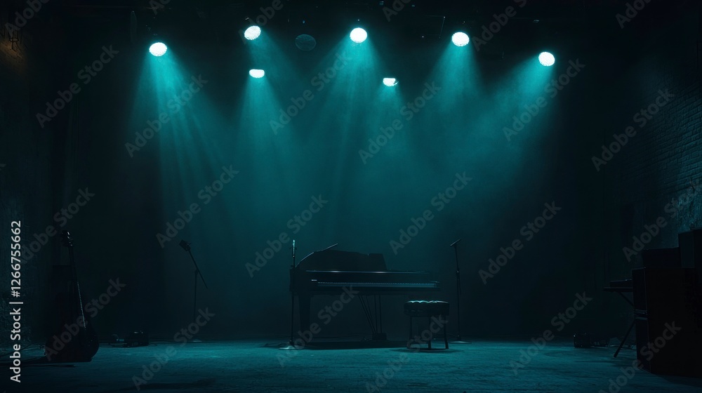 Poster stage with spotlights shining down, creating an atmosphere of mystery and intrigue. the dark backgro