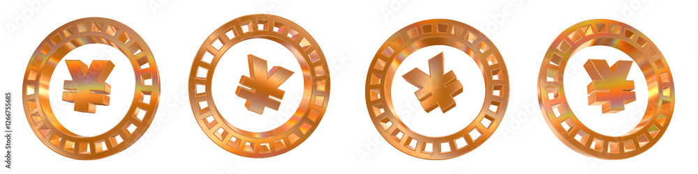Poster set of 4 3d yen coin shapes with golden and rainbow effects isolated on a transparent background. 3d