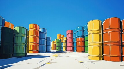 Colorful barrels stacked outdoors, sunny day, industrial storage