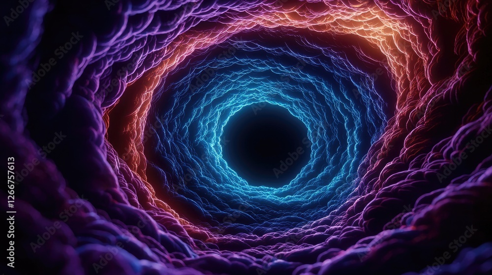 Poster exploring vivid energy swirls abstract tunnel digital art neural environment close-up visual depth c