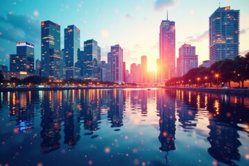 Obraz premium Abstract cityscape double exposure, modern business background, global, growth