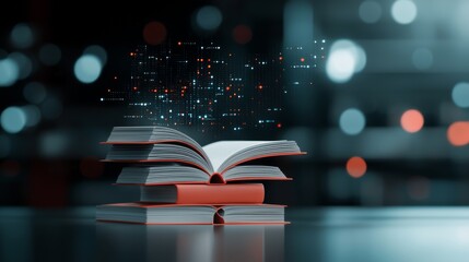 Illuminated open book library digital art night close-up