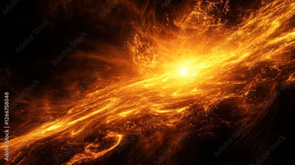 Poster bright fiery explosion in dark cosmic space creating dynamic light