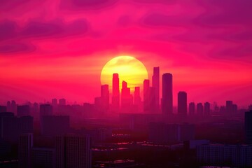Vibrant Urban Sunset Over Modern City Skyline with Dramatic Clouds