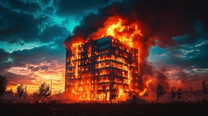 Burning high-rise building at sunset, urban fire disaster
