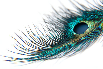 Fototapeta premium a iridescent teal feather isolated on white background.