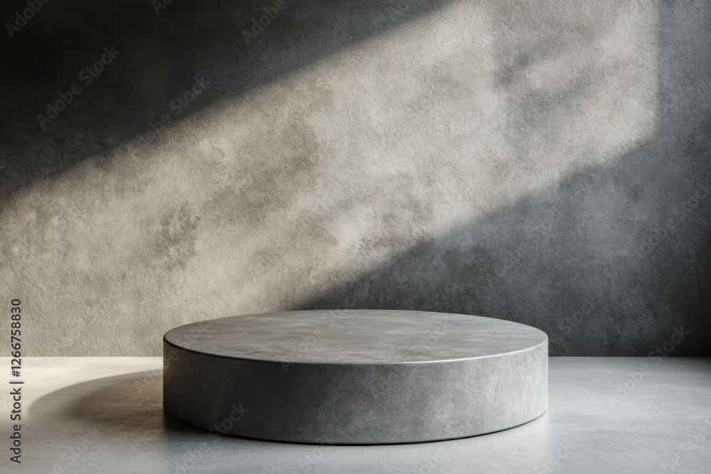 Poster simple gray podium with soft lighting for product display, set against an empty background. the roun